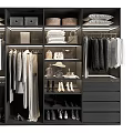 Organized Modern Wardrobe Interior with Hanging Clothes Folded Garments Shoes Storage Boxes and Drawers