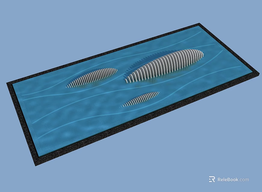 Decorative Rectangular Water Fountain With Blue Surface Black And White Striped Structures And Gentle Waves 3d model 