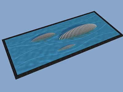 Decorative Rectangular Water Fountain With Blue Surface Black And White Striped Structures And Gentle Waves 3d model