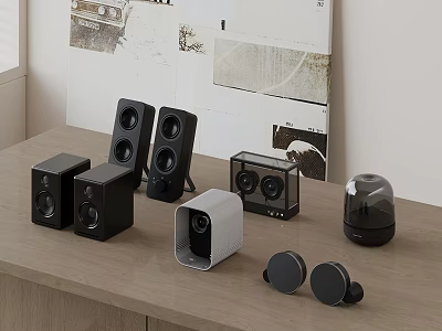 Various Audio Devices With Different Designs Arranged On Wooden Table And Decorative Wall Art Background 3d model