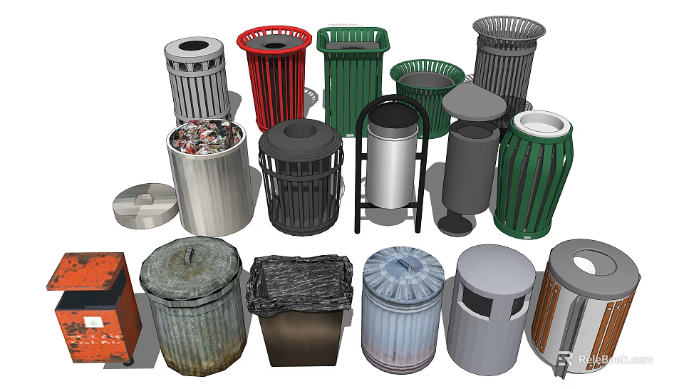 Public Facilities Various Types Of Outdoor Waste Bins In Different Colors 3d model 