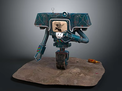 Robot Character And Mechanical Creature On Rocky Platform With Metal Arm Wheel And Orange Tool 3d model