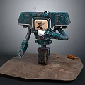 Robot Character And Mechanical Creature On Rocky Platform With Metal Arm Wheel And Orange Tool