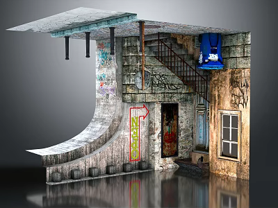 Urban Graffiti Wall Scene With Metal Staircase Old Door Window And Concrete Structure 3d model