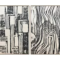 Two Framed Black And White Abstract Artworks With Geometric And Wavy Patterns