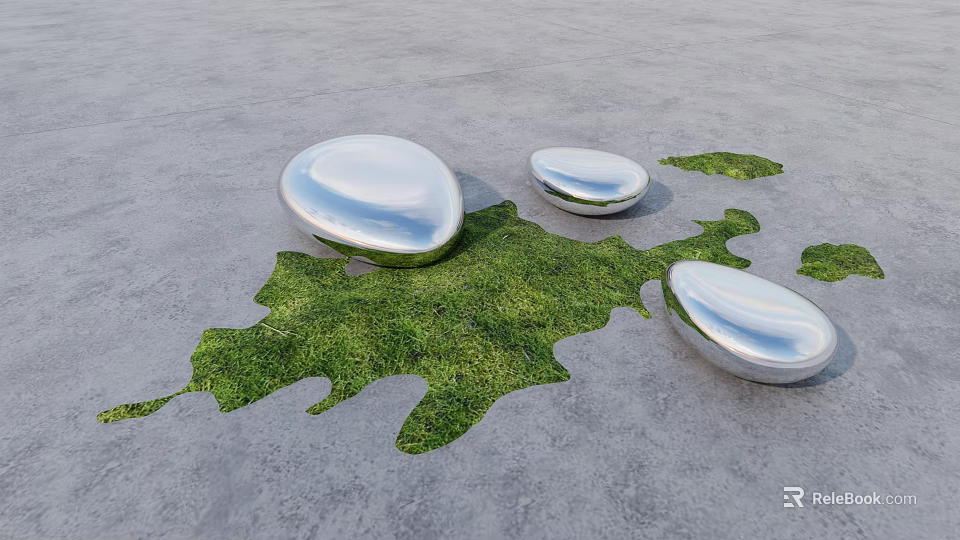Silver Pebble Shaped Landscape Seats On Gray Concrete With Green Grass Patches 3d model 