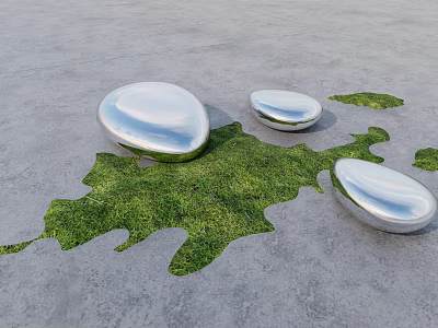 Silver Pebble Shaped Landscape Seats On Gray Concrete With Green Grass Patches 3d model