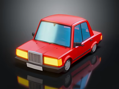 Red Cartoon Style Car 3D Rendered With Yellow Headlights On Black Background With Reflection 3d model