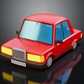 Red Cartoon Style Car 3D Rendered With Yellow Headlights On Black Background With Reflection