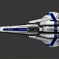 Futuristic Blue And White Spaceship With Streamlined Fuselage Multiple Blue Engines And Aerodynamic Tail Fins