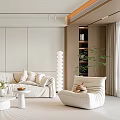 Modern Living Room Interior With Light Colored Sofa Geometric Wall Art And Round Coffee Table