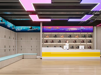 Modern Store Front Desk with Yellow Counter Shoe Display Shelves Neon Lights and Lockers 3d model