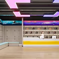 Modern Store Front Desk with Yellow Counter Shoe Display Shelves Neon Lights and Lockers