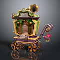 Ornate Musical Instrument Art Supplies Cart With Gramophone Horn Organ Pipes Paintbrushes And Pigments