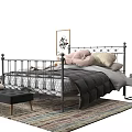 Stylish Double Bed With Metal Frame Gray Bedding Pillows Footstool Nightstand Lamp And Striped Rug