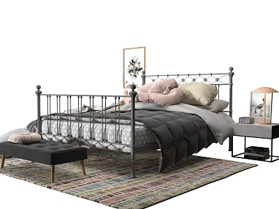 Stylish Double Bed With Metal Frame Gray Bedding Pillows Footstool Nightstand Lamp And Striped Rug 3d model