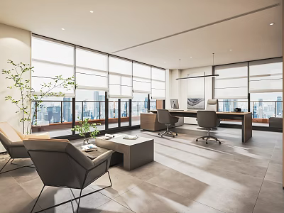 Modern Office Interior With Large Windows City View Open Layout Work Desk And Plants 3d model