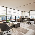 Modern Office Interior With Large Windows City View Open Layout Work Desk And Plants