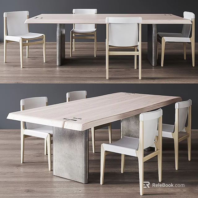 Modern Dining Table And Chairs Set With Wooden Tabletop Concrete Legs And White Upholstered Seats 3d model 
