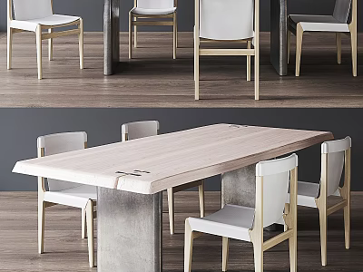 Modern Dining Table And Chairs Set With Wooden Tabletop Concrete Legs And White Upholstered Seats 3d model