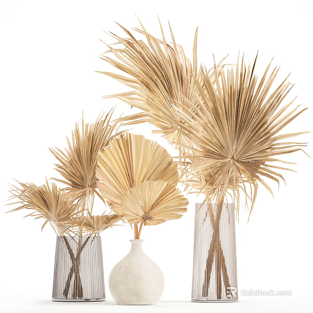 Dried Palm Leaves in White and Transparent Glass Vases Elegant Natural Decorative Arrangement for Home 3d model 