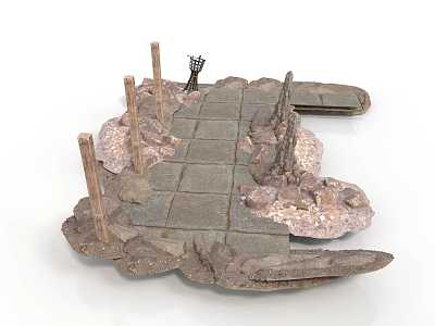 Detailed 3D Model of Stone Path with Wooden Posts and Rock Elements 3d model