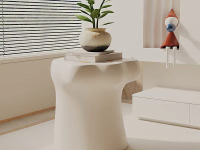 White Bedside Table with Green Plant in Pot on Books and Red Doll Nearby 3d model