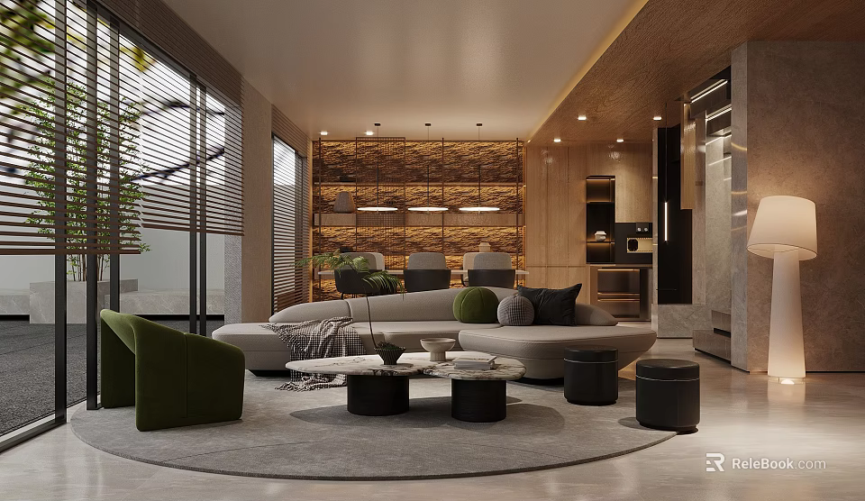 Modern Sales Office Interior Design With Comfortable Sofa Green Plants And Recessed Lighting 3d model 