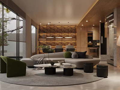 Modern Sales Office Interior Design With Comfortable Sofa Green Plants And Recessed Lighting 3d model