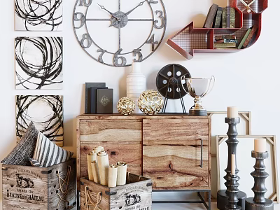 Wooden Console Cabinet And Side Cabinet With Wall Clock Artwork Bookshelf Trophy And Candle Holders 3d model