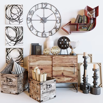 Wooden Console Cabinet And Side Cabinet With Wall Clock Artwork Bookshelf Trophy And Candle Holders 3d model