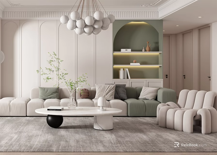 Modern Luxury Living Room Interior With White Green Sofa Round Chandelier And Coffee Table 3d model 