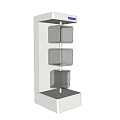 White Three Tier Free Standing Display Shelf With Transparent Cube Compartments And Top Blue Sign