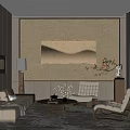 Modern Lounge Area With Beige Sofa Armchairs Coffee Table Wall Art Floor Lamp Green Plants