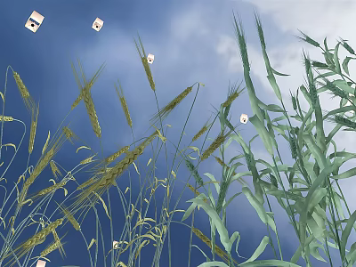 Green Grass and Wheat Ears Swaying Under Blue Sky With White Butterflies Flying 3d model