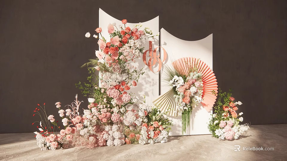 Elegant Wedding Decor With Pink White Flowers Fan Ornaments And Double Happiness Symbol 3d model 