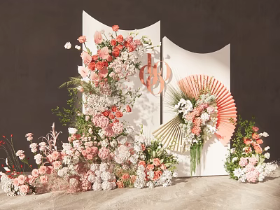Elegant Wedding Decor With Pink White Flowers Fan Ornaments And Double Happiness Symbol 3d model
