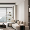 Modern Living Room Interior Design With TV Wall Sofa Coffee Table Plant And Window Blinds