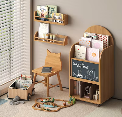 Cozy Home Living Items Setup With Wooden Shelf Chair And Cart 3d model