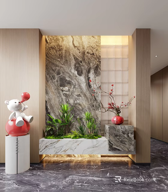 Elegant Modern Entryway Interior With Marble Backdrop Green Plants Red Vase And Elephant Figurine 3d model 