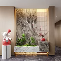 Elegant Modern Entryway Interior With Marble Backdrop Green Plants Red Vase And Elephant Figurine