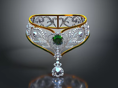 Elegant Jeweled Apparel Accessory With Gold Silver Frame Green Gemstone And Diamond Accents 3d model
