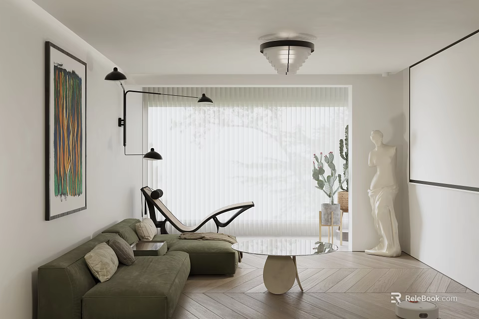 Modern Living Room Interior With Green Sofa Chaise Lounge Floor Lamp Art Painting And Statue 3d model 