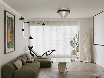 Modern Living Room Interior With Green Sofa Chaise Lounge Floor Lamp Art Painting And Statue 3d model