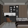 Modern Tatami Bedroom Interior With Wooden Desk Chair Bookshelves And Window Curtains