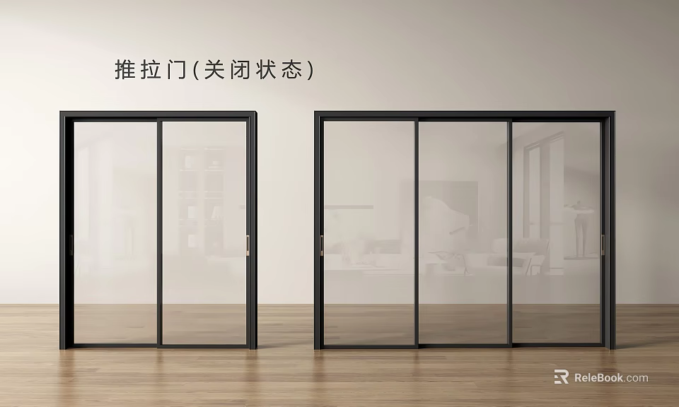 Modern Closed Sliding Doors With Glass Panels And Black Frames In Interior 3d model 