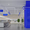Modern Retail Store Interior Design With Blue Signage Counter And Chairs Layout