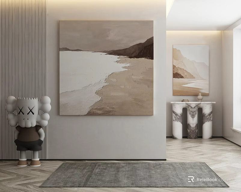 Modern Interior With Large Abstract Painting Decorative Sculpture And Console Table 3d model