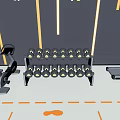 Gym Sports Equipment With Dumbbell Rack Dumbbells Rower Treadmill Orange Wall Lines And Floor Markers
