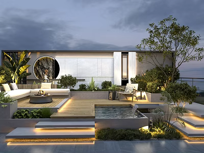 Modern Outdoor Terrace With Greenery Water Feature Seating And Ambient Lighting 3d model